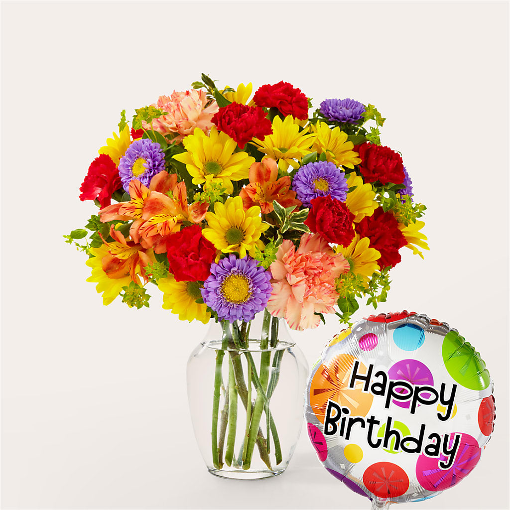 Kaleidoscope Bouquet with Birthday Balloon – Sayla Flowers, Los Angeles CA