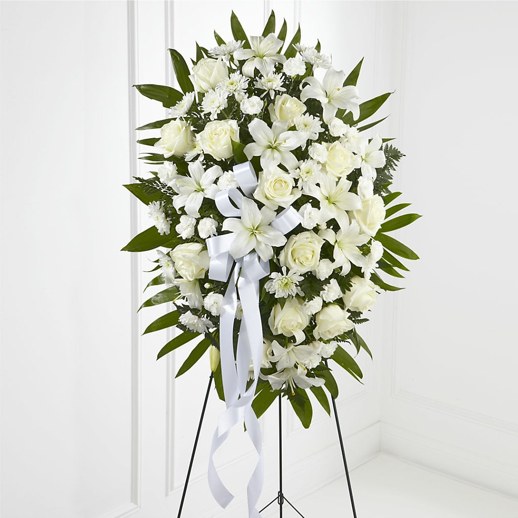 Exquisite Tribute Standing Spray-White Ribbon – Sayla Flowers, Los Angeles CA