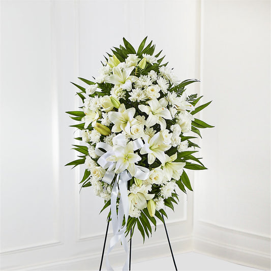Exquisite Tribute Standing Spray-White Ribbon – Sayla Flowers, Los Angeles CA