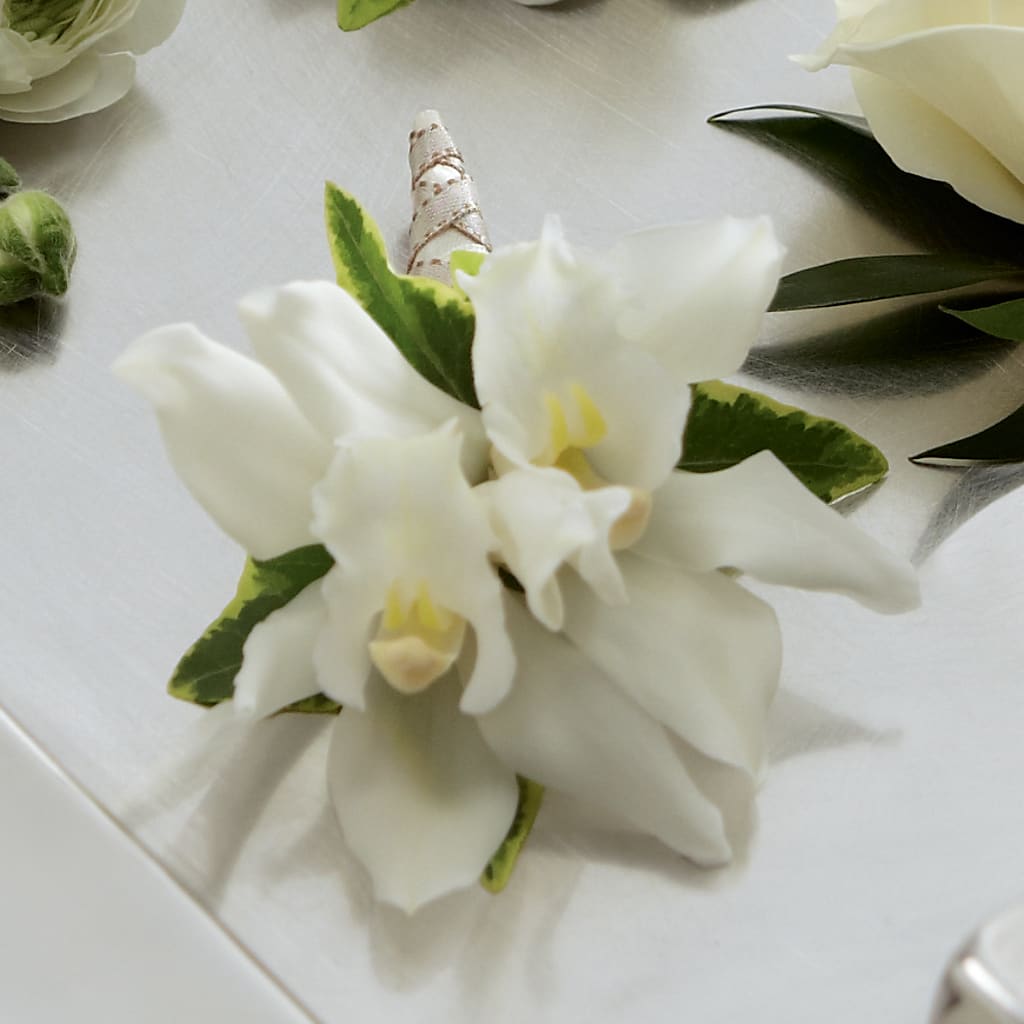 White Mini Cymbidium Boutonniere – Sayla Flowers, Los Angeles CA